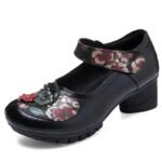 2025 Vintage Pumps Elderly Genuine Leather Shoes Ladies Medium Heels Pumps Mom Red Block Heel Shoes Womens Pumps Round Toe