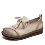 Women Flats Shoes 2024 New Spring Round Toe Lace-up Genuine Leather Casual Loafers Handmade Comfortable Shoes