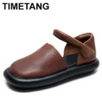2025 Retro Genuine Leather Flat Sandals Summer Round Toe Soft Sole Cowhide Versatile Women's Shoes