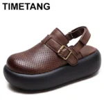 5.5cm Women Sandas Hook Summer Hollow Ankle Flats Breathable Shoes Weave Natural Cow Genuine Leather Boots Comfy Rubber