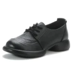 2025 Spring Cow Leather Lace-up And Shallow Mouth Retro Anti-Slip Bean Shoes Mid-Heel Women's Shoes Gray Black Brown