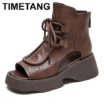 2025 Genuine Leather Boots Chimney Women Peep Toe Moccasins Fashion Summer Sandals Hollow Ankle Booties Motorcycle Shoes