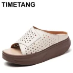 2025 Women's Summer Wedges Slippers Genuine Leather Platform Sandals Fashion Slip-on Hollo Out Comfortable Slides