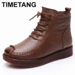 2025 Ankle Boots Sewing Genuine Leather Autumn Spring Booties Woman Moccasins Comfy Flats Round Toe Slip on Ethnic Shoes