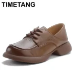 2025 Women Genuine Leather Shoes Spring Lace-Up Round Toe Genuine Leather Thick Heel Casual Shoes