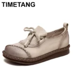 Women Flats Shoes 2024 New Spring Round Toe Lace-up Genuine Leather Casual Loafers Handmade Comfortable Shoes